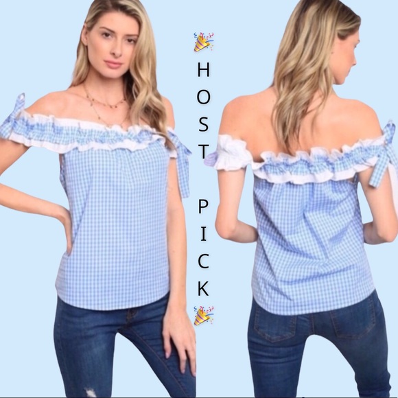 Tops - Blue Off The Shoulders Gingham Ruffle Trim Top